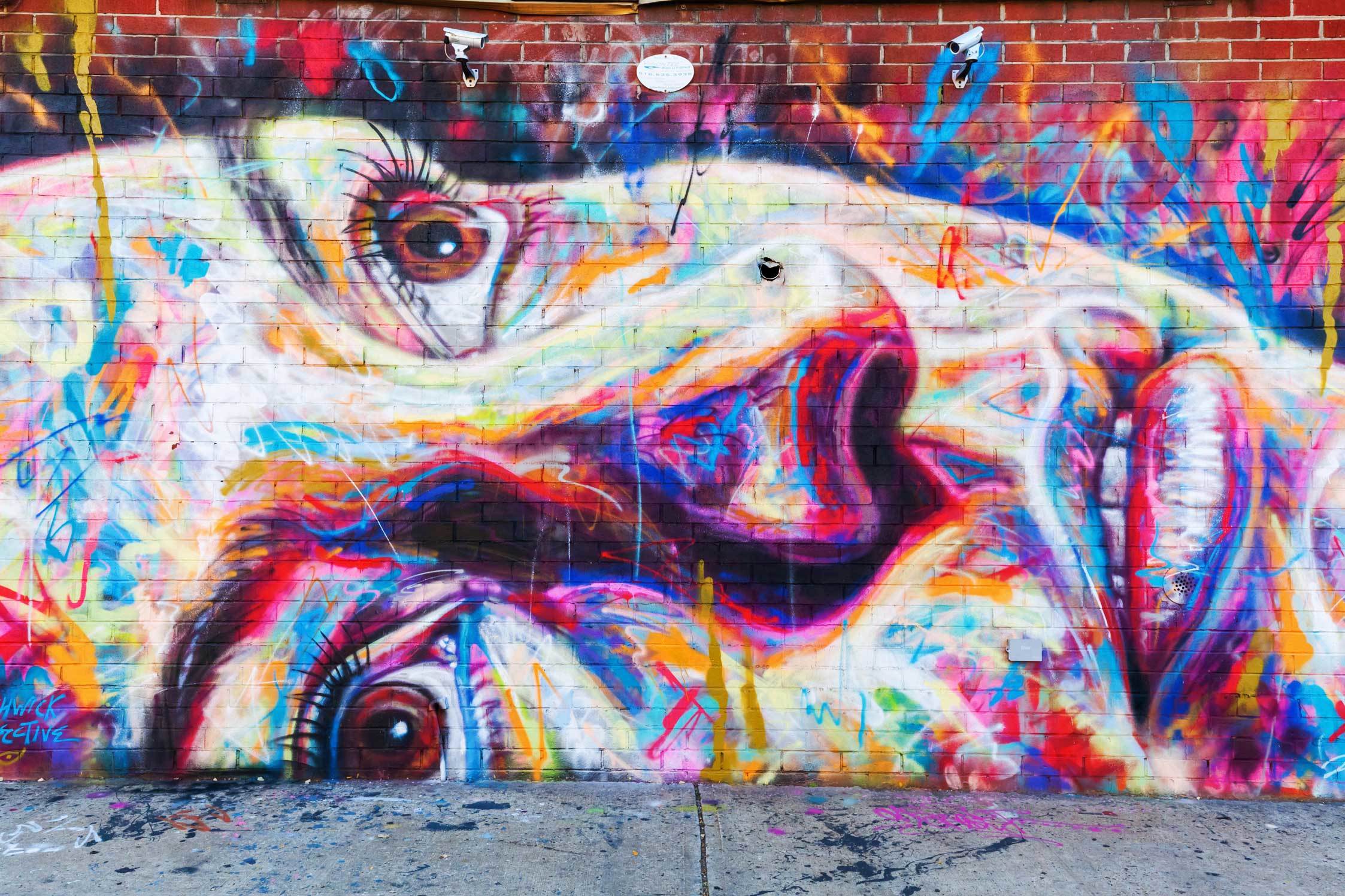 Colourful mural of a face on the side of a brick building in NYC