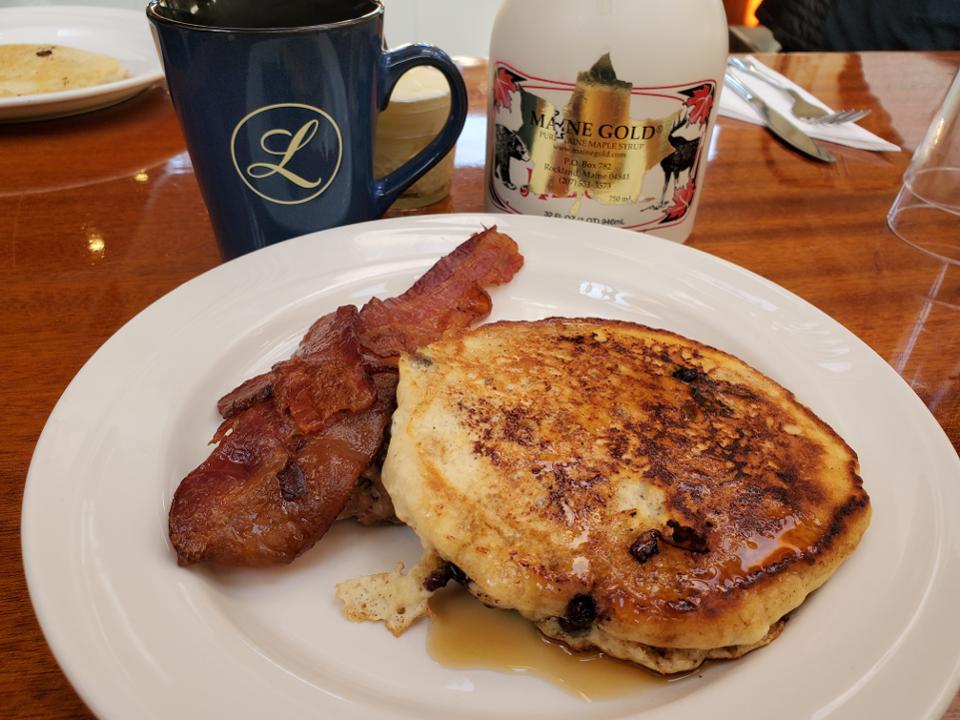 Locally roasted coffee, cured bacon and fresh Maine blueberry pancakes and maple syrup.