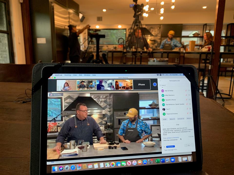 Houston chef Chris Shepherd on screen teaching a cooking class.