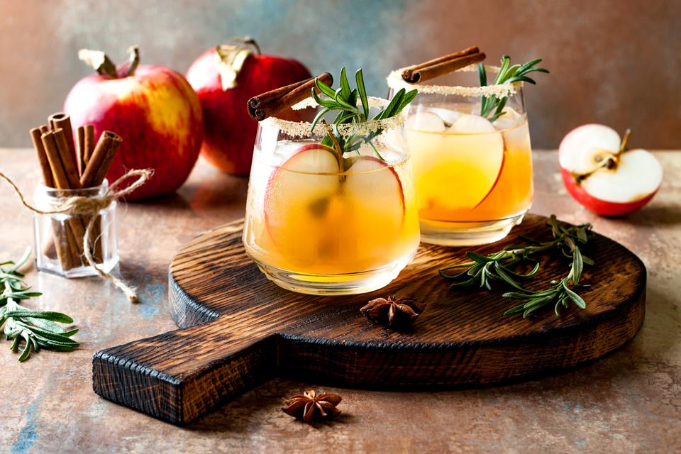 Fall mocktail with apple, cinnamon, rosemary and star anise.