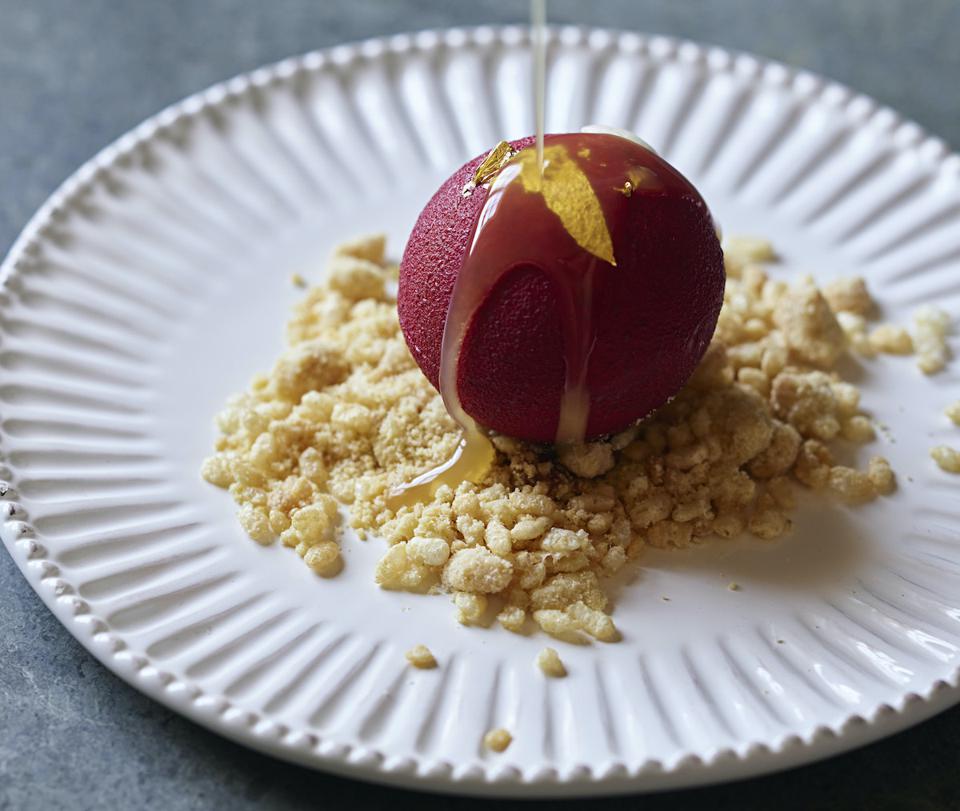 apple crumble on a white plate